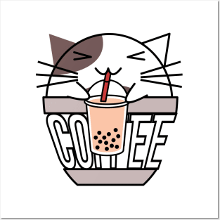 Cat in coffee cup with warped text drinking boba brown Posters and Art